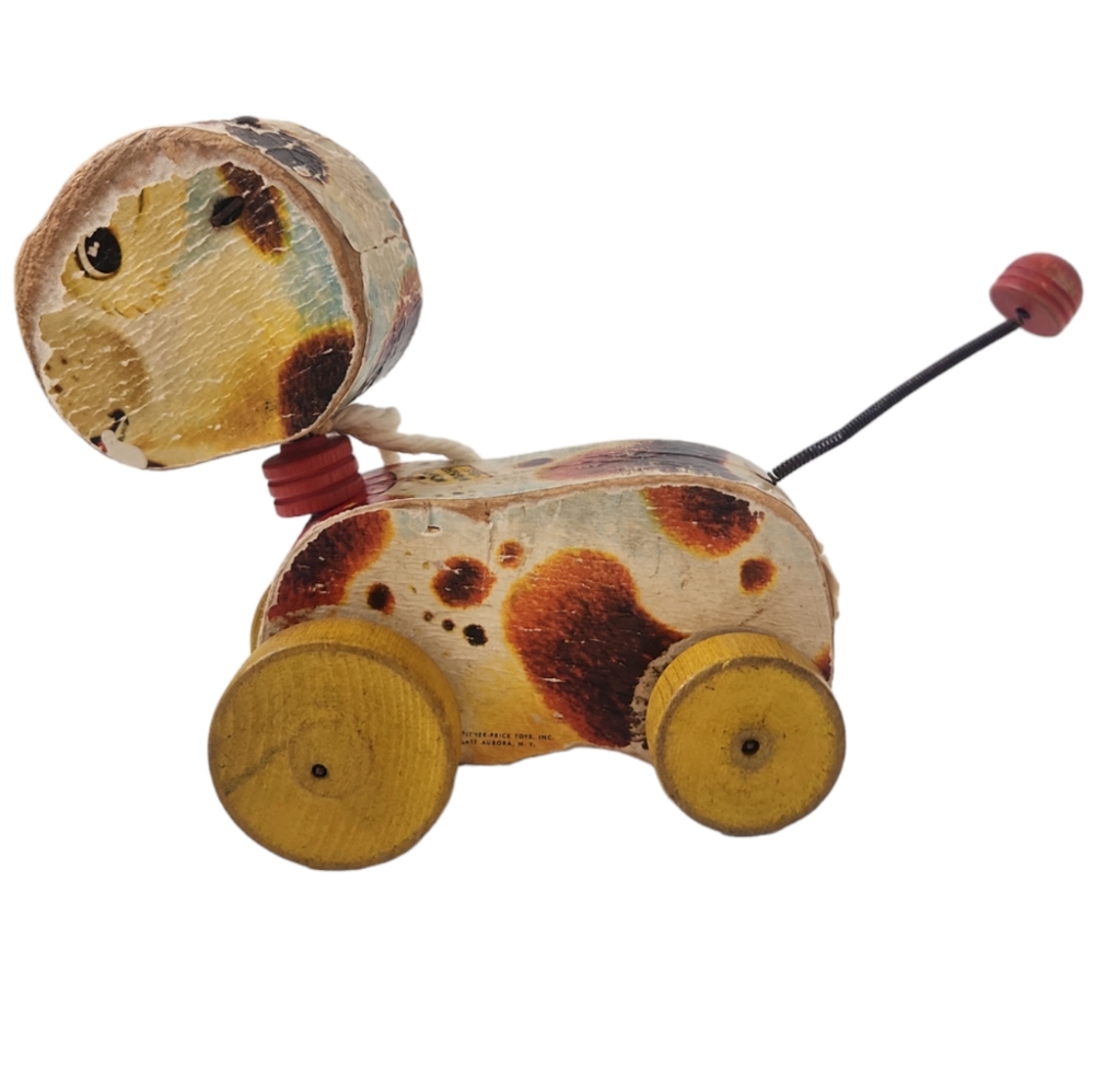 VINTAGE 1954 Fisher-Price Woofy Wagger 465 Dog Wood Pull Toy